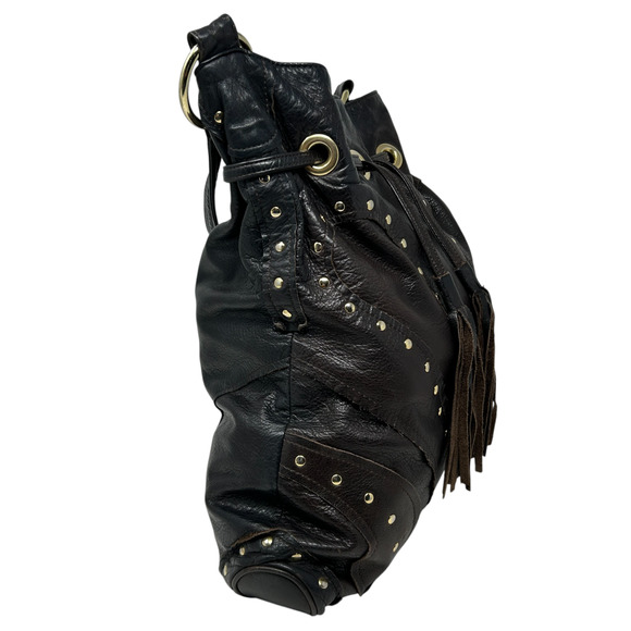 Bulga Brown Leather Studded Bucket Hobo Shoulder Bag Tassel Fringe Boho Hippie - Picture 9 of 16